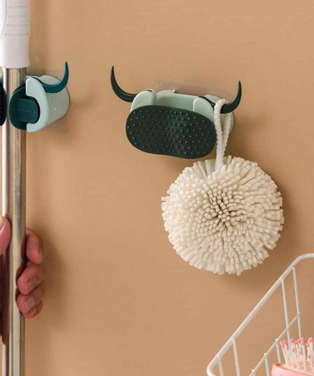 Multifunctional Cartoon Sticky Punch Free Mop Holder Wall Mounted Broom Organizer Cleaning Tools Holder Hanger, Self Adhesive Cute Cow Head Suction Cup Hanging Hook for Bathroom Kitchen (1 Pc)