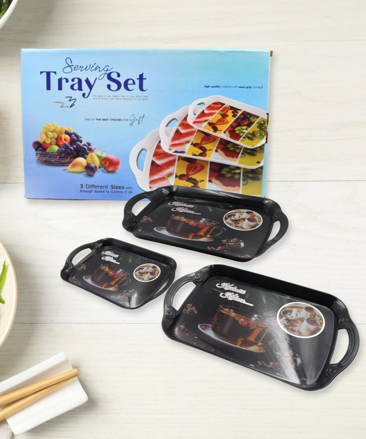 Multicolour serving tray set, ideal for serving food or decoration in small, medium, and large sizes.