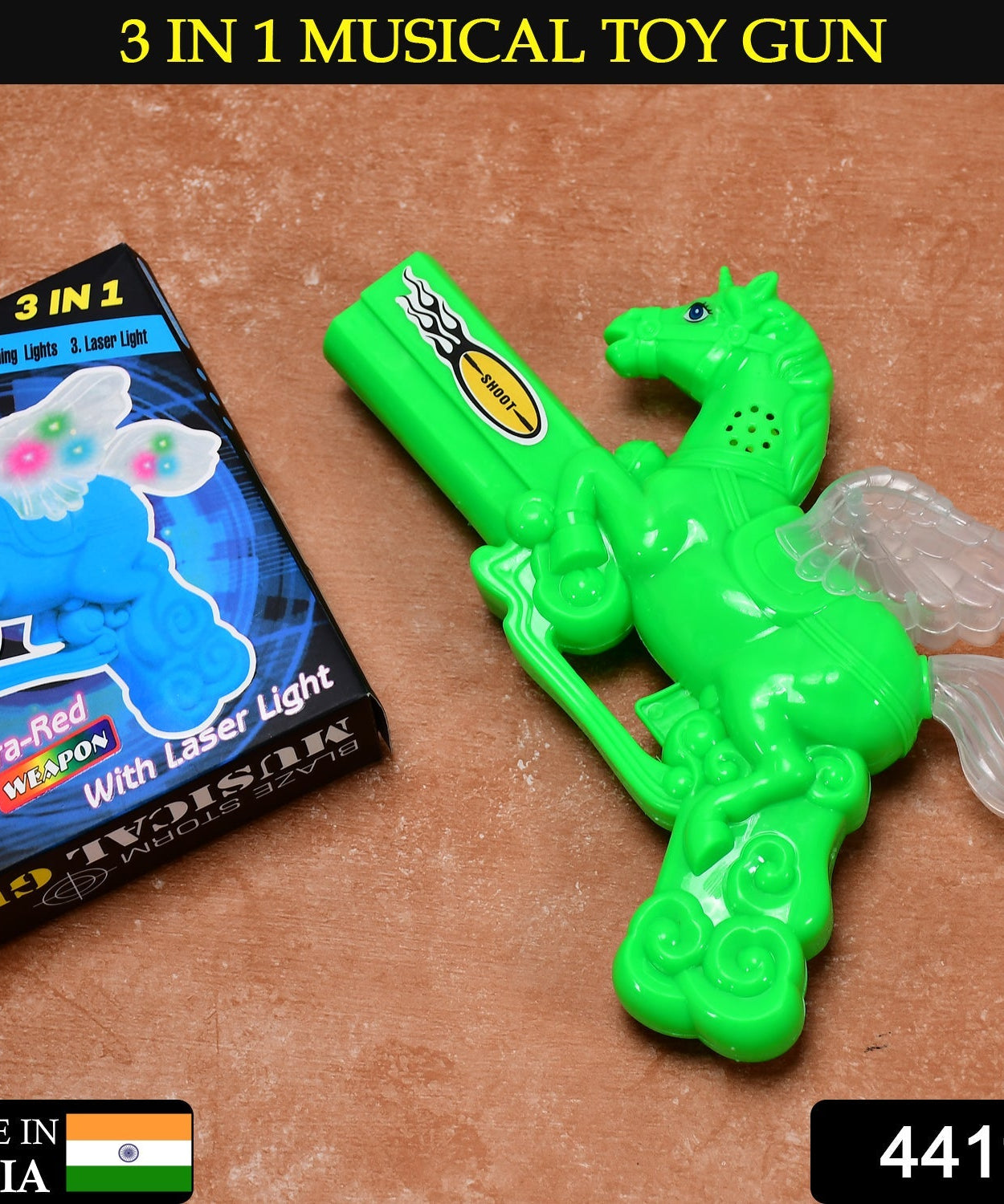 Kids' toy gun with musical laser effects, side view