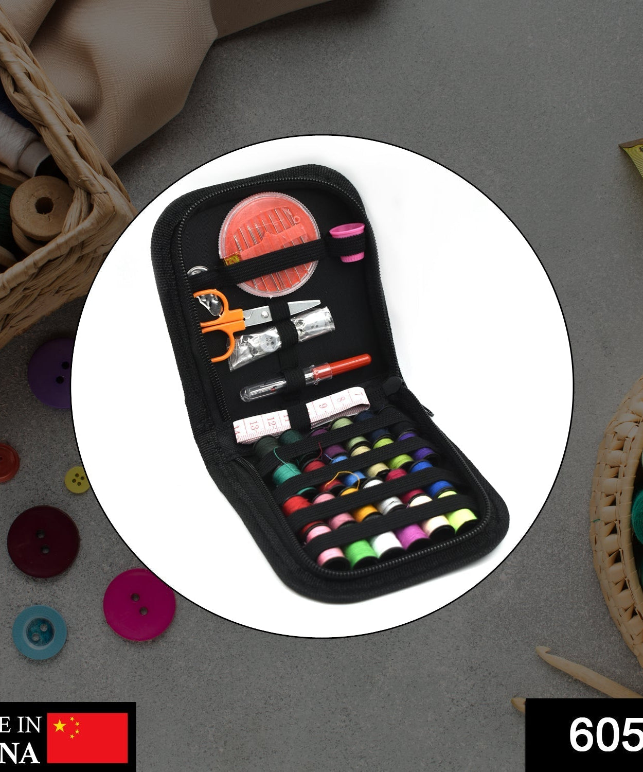 Compact 48-piece purse sewing kit for all-purpose fabric and clothing repairs.