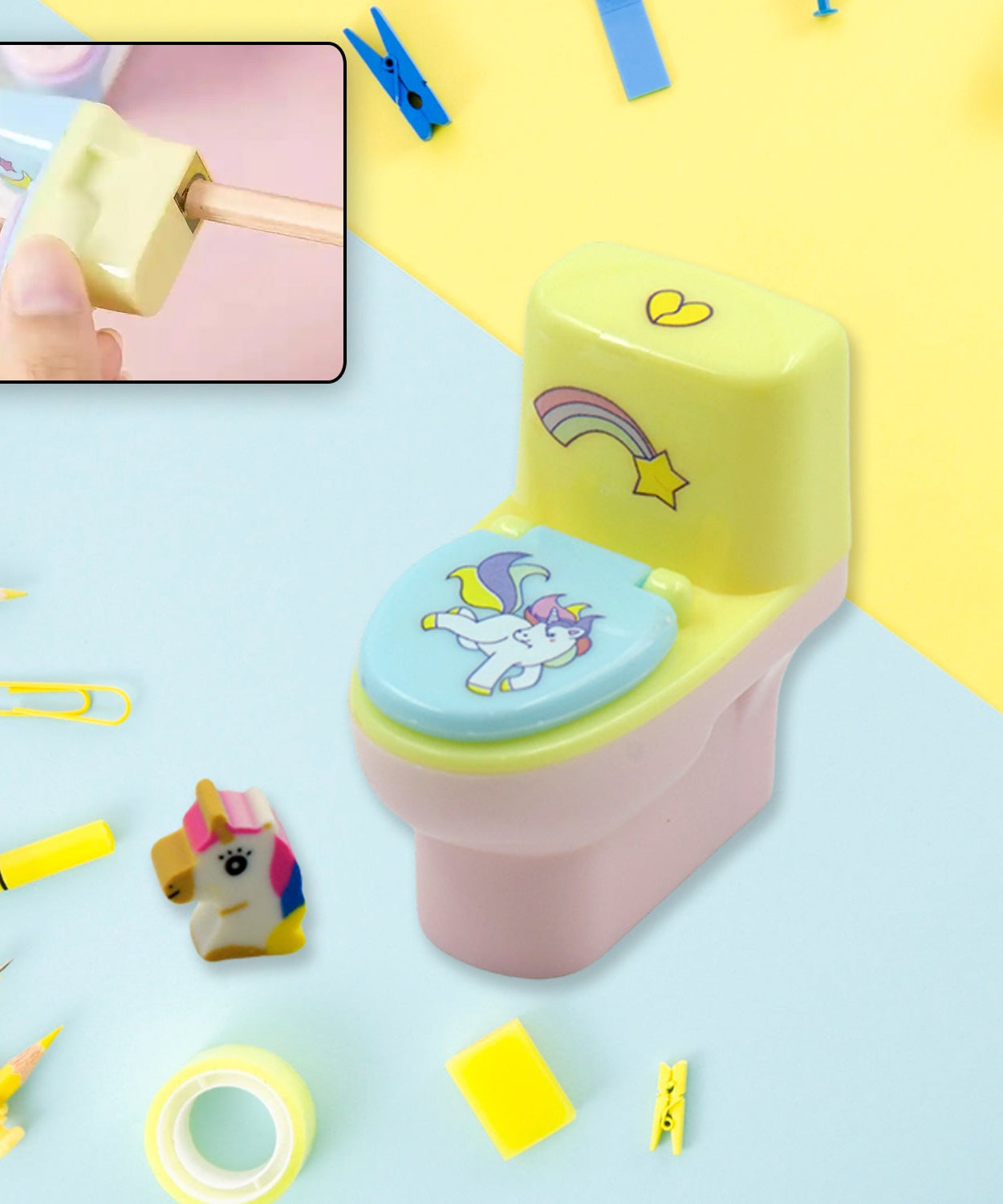 Toilet-shaped pencil sharpener with eraser, 2-piece set