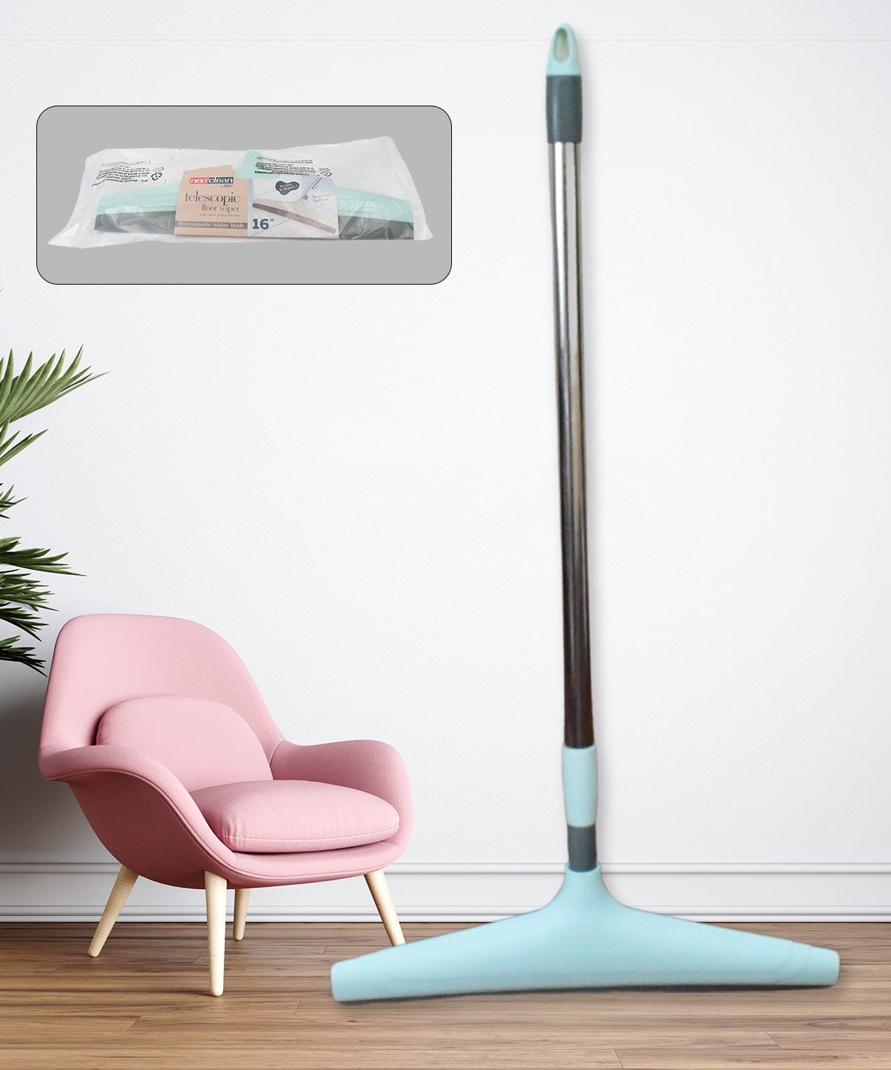 Ganesh telescopic bathroom wiper, 12 inch (30 cm), shown from various angles.