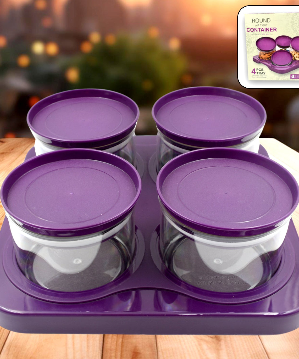 Airtight Plastic 4 Pc Storage Container Set, With Tray Dry Fruit Plastic Storage Container Tray Set With Lid & Serving Tray For Kitchen