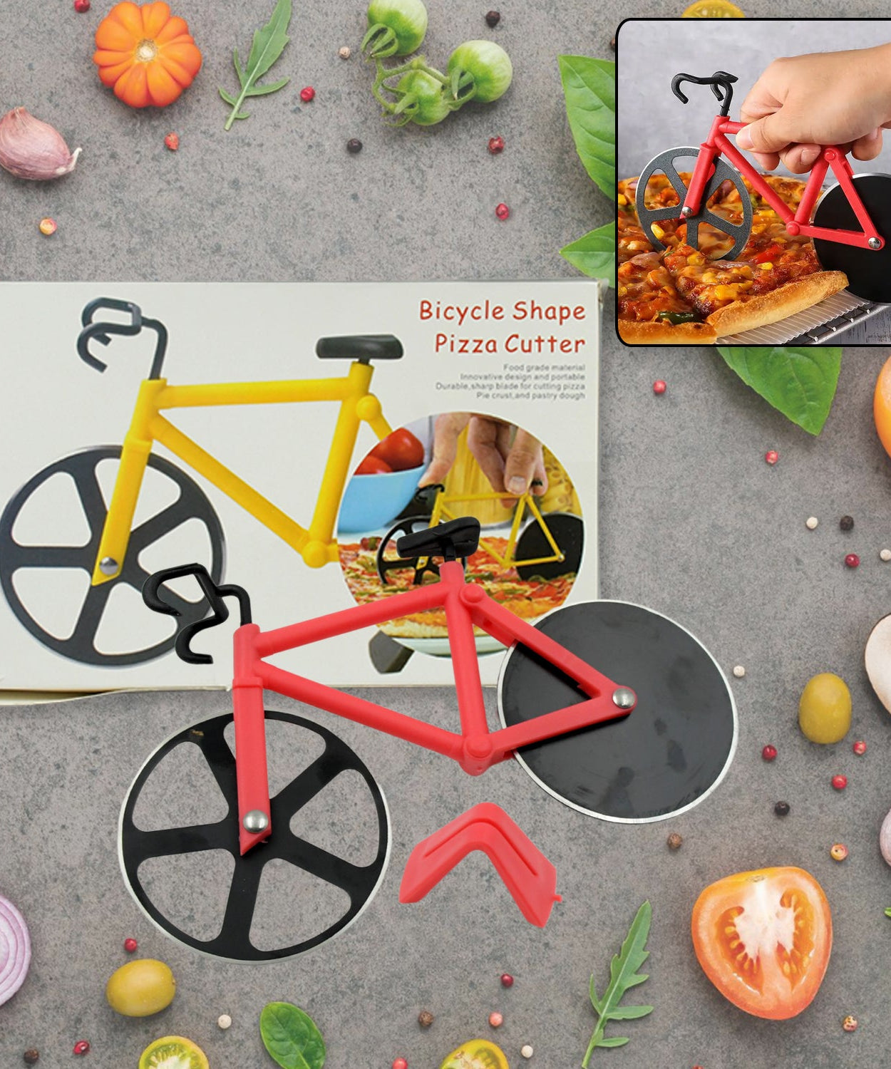 Bicycle-shaped pizza cutter with stainless steel blades and an unbreakable handle.