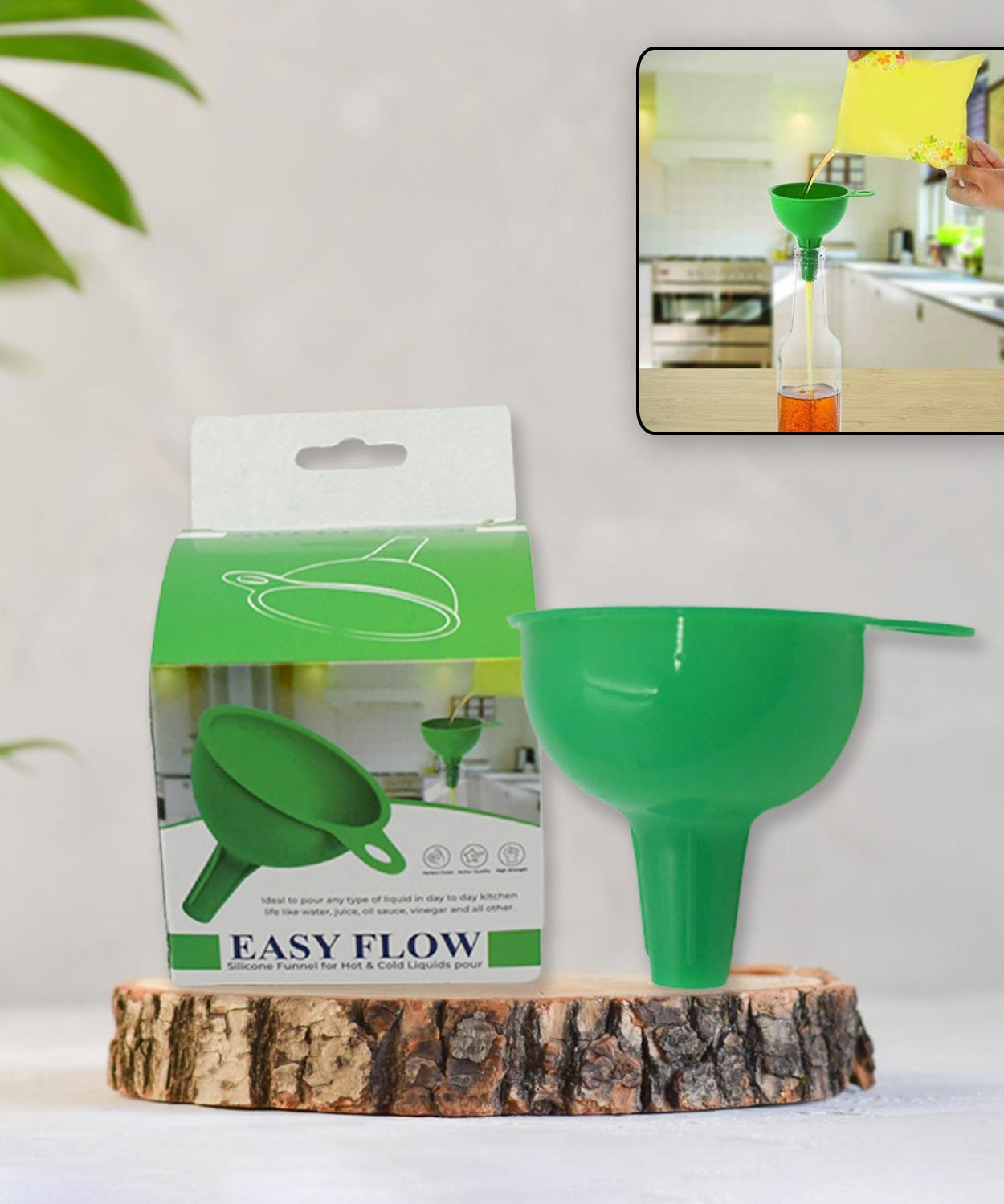 Green silicone funnel for easy pouring of liquids and small food-grains