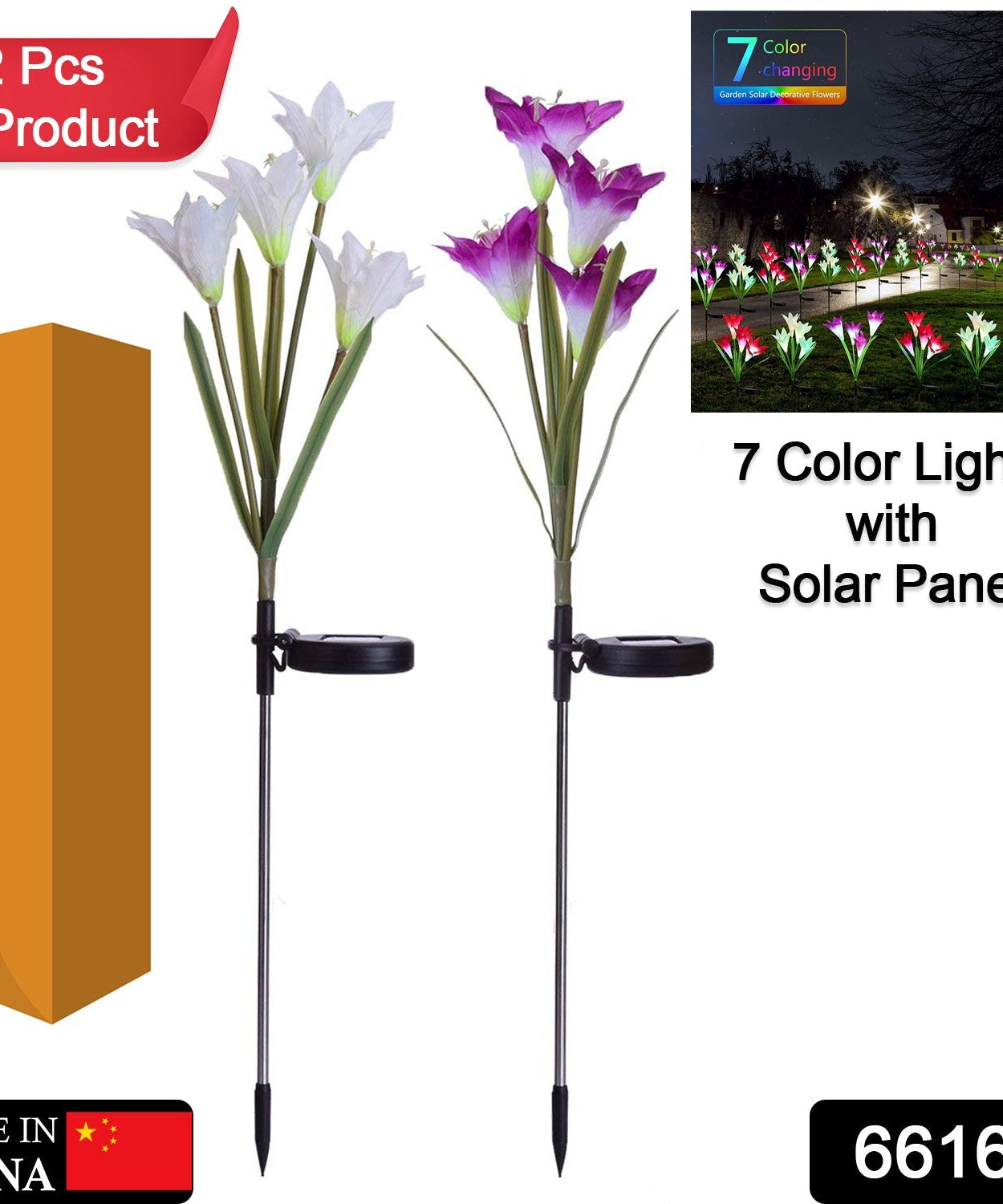 Solar-powered lily flower lights, outdoor stake, lit up