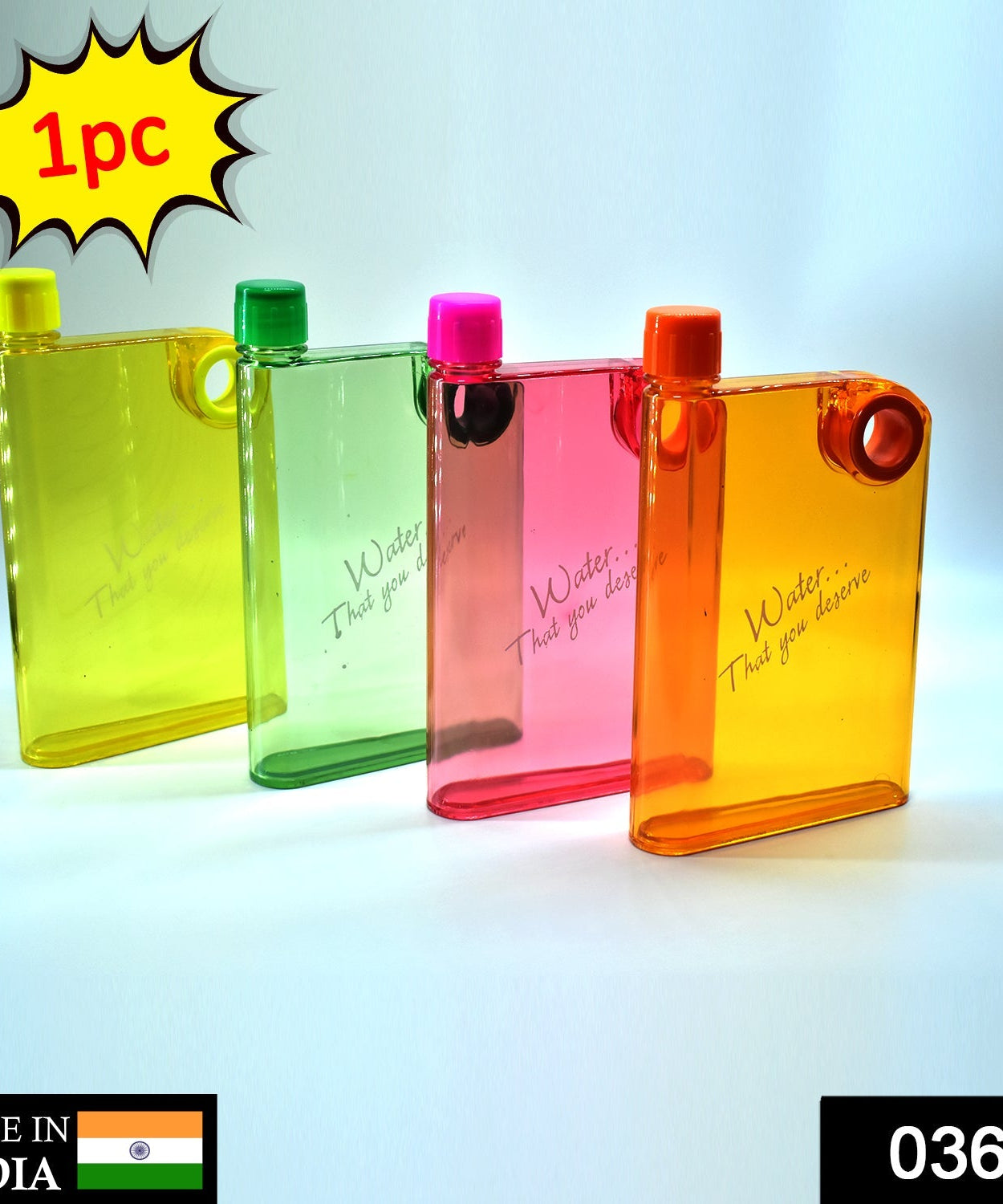 Multicolor water bottle with notebook design.