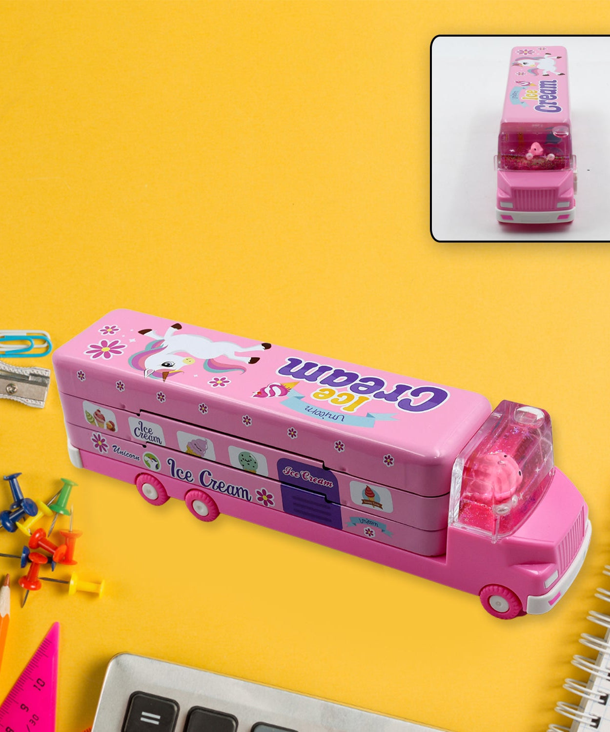 Double Decker Magic Truck Compass Multi Level Metal Truck Compass Pencil Case with Movable Wheels & Sharpener (Mix Design)