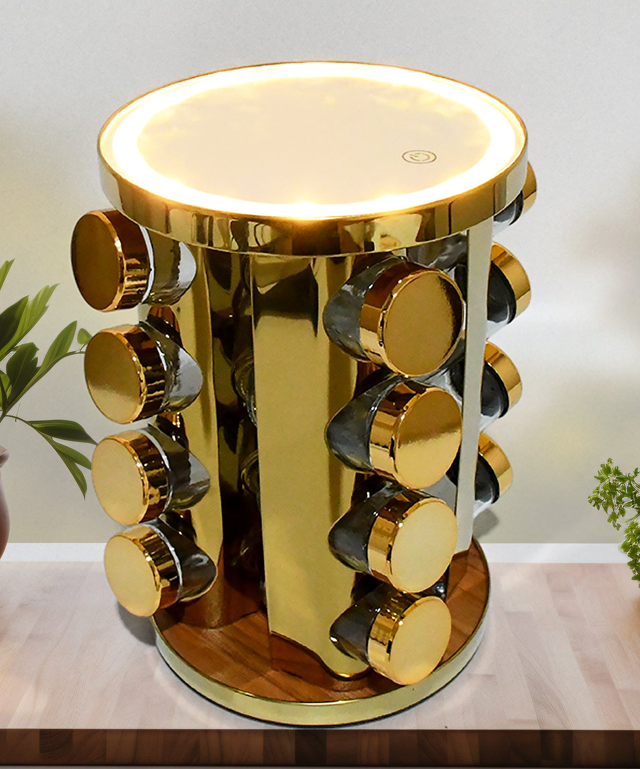 LED Spice Rack Organizer, Rotating Spice Rack with Free 16 Seasoning Jars, Revolving Tower Organizer Stainless Steel for Kitchen Storage (Golden / 16 Pc / MOQ - 6 pc)