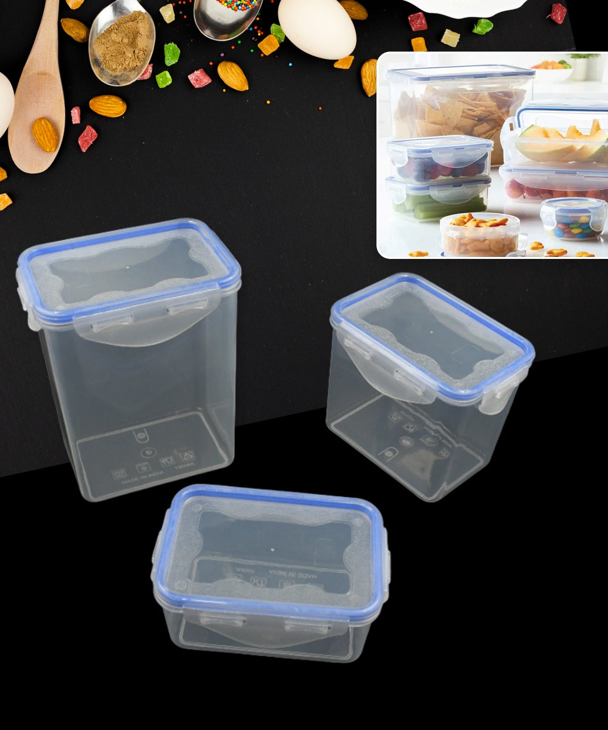 Food storage container set, 3 pieces with air seal lids.