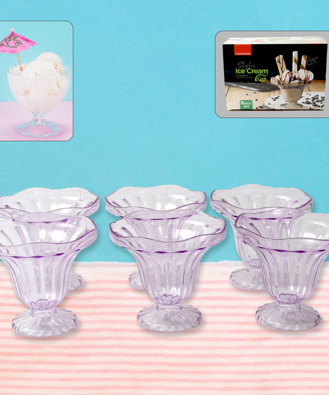 Crystal Plastic Ice-Cream Bowl, Home & Kitchen Serving Platter or Dessert Cup for Sundae, Sweets, Snacks, Fruit, Pudding, Nuts or Dip, Serving Bowls (Crystal Cups, Set of 6)