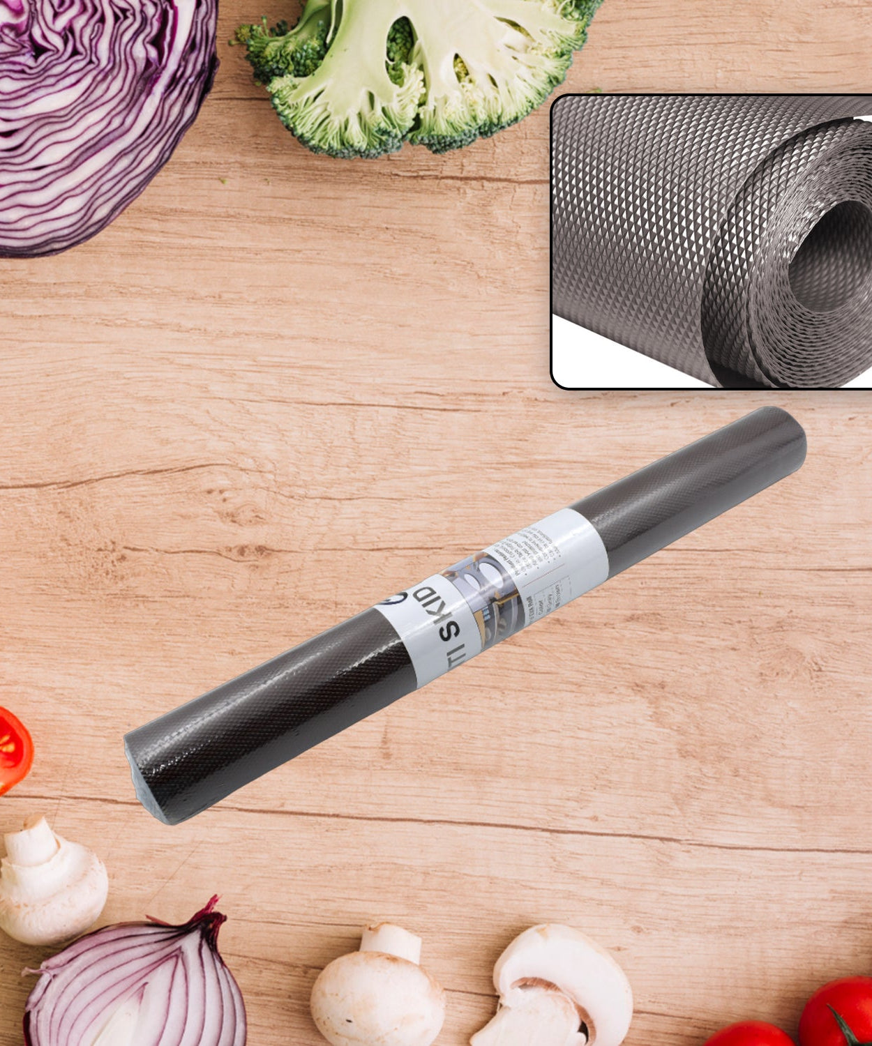 Anti-slip mat liner roll for kitchen and bathroom use, also for fridge and shelves.