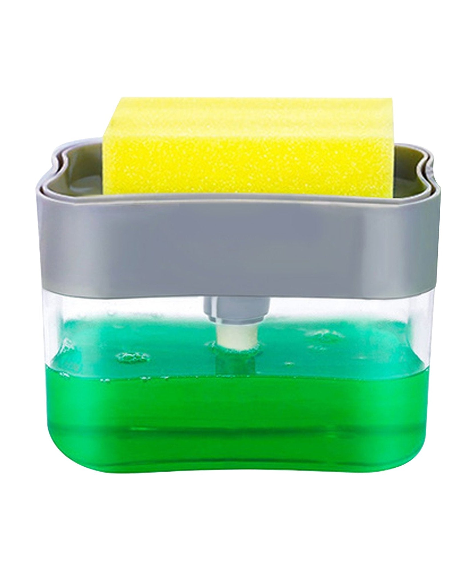 Modern soap dispenser with sponge storage feature.