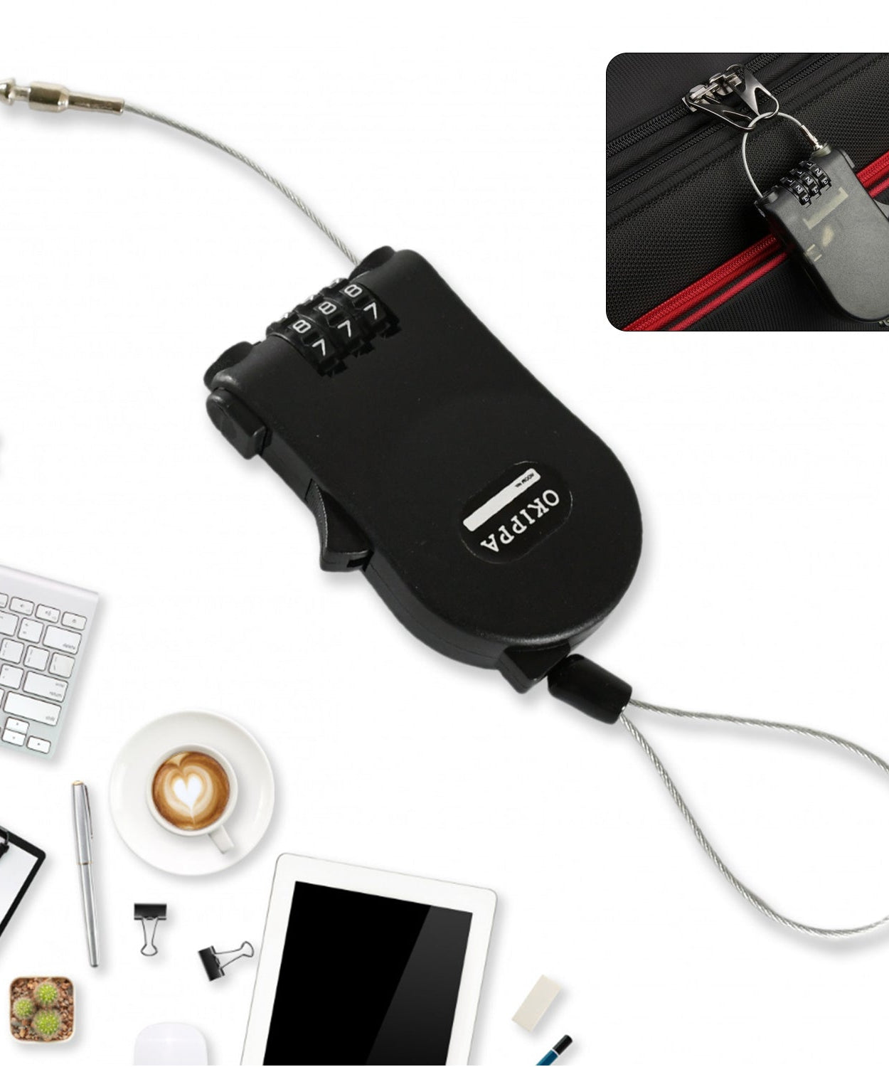 Multifunctional cable lock with number code for travel, sports Etc. Retractable Wire Lock,Wire Black Shell Combination Password.