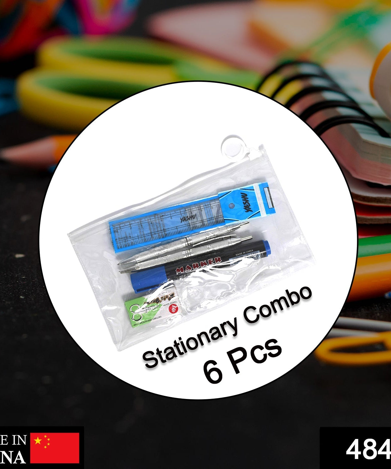 Study kit with zipper pouch, scissors, ruler, pen, marker