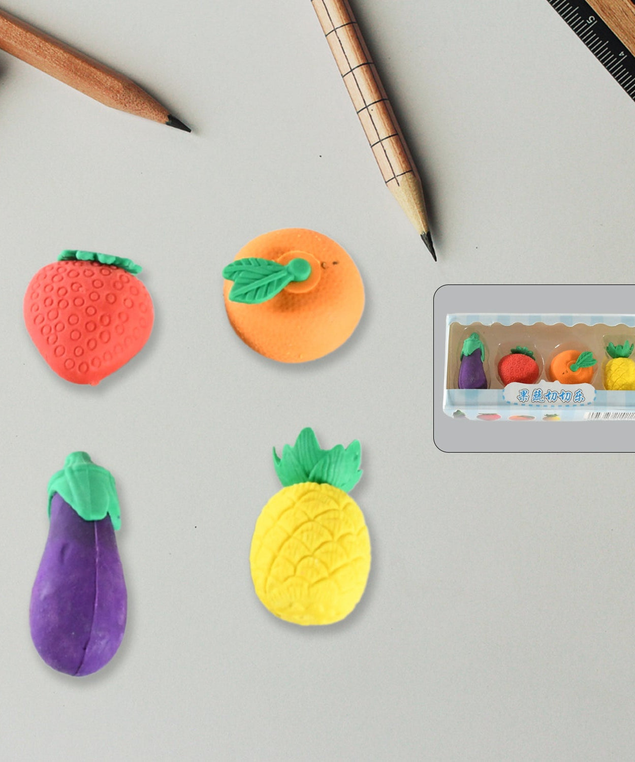 Mini Cute Veg & Fruit Erasers – 3D Colorful Eraser Set for Kids (4 Pc)
