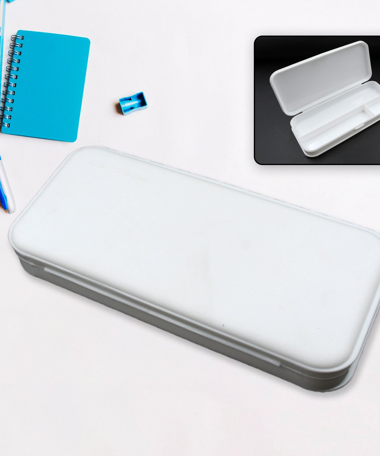 White pencil box with multiple compartments for kids' school supplies
