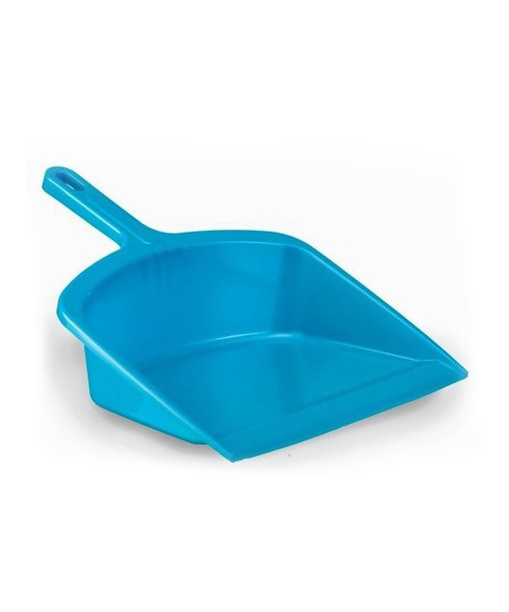 Plastic dustpan with handle, designed for easy handling and use.