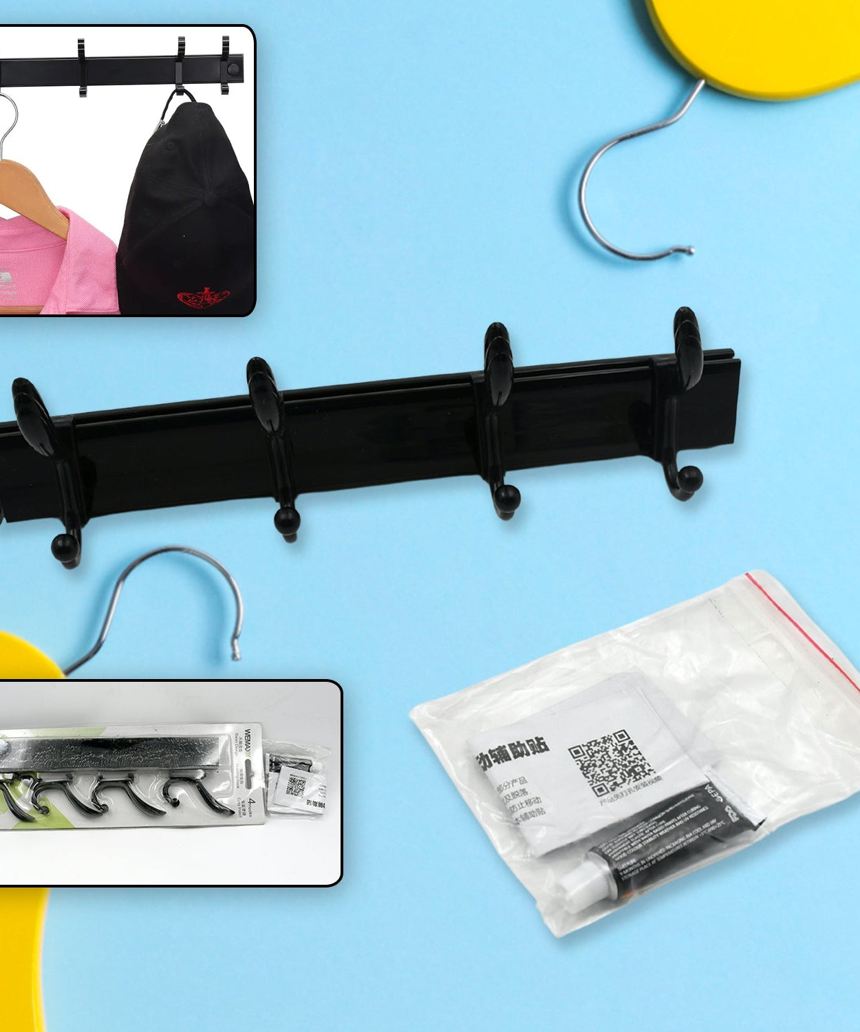 Extra Long 4-Hook Wall Coat Hanger with Eco Adhesive