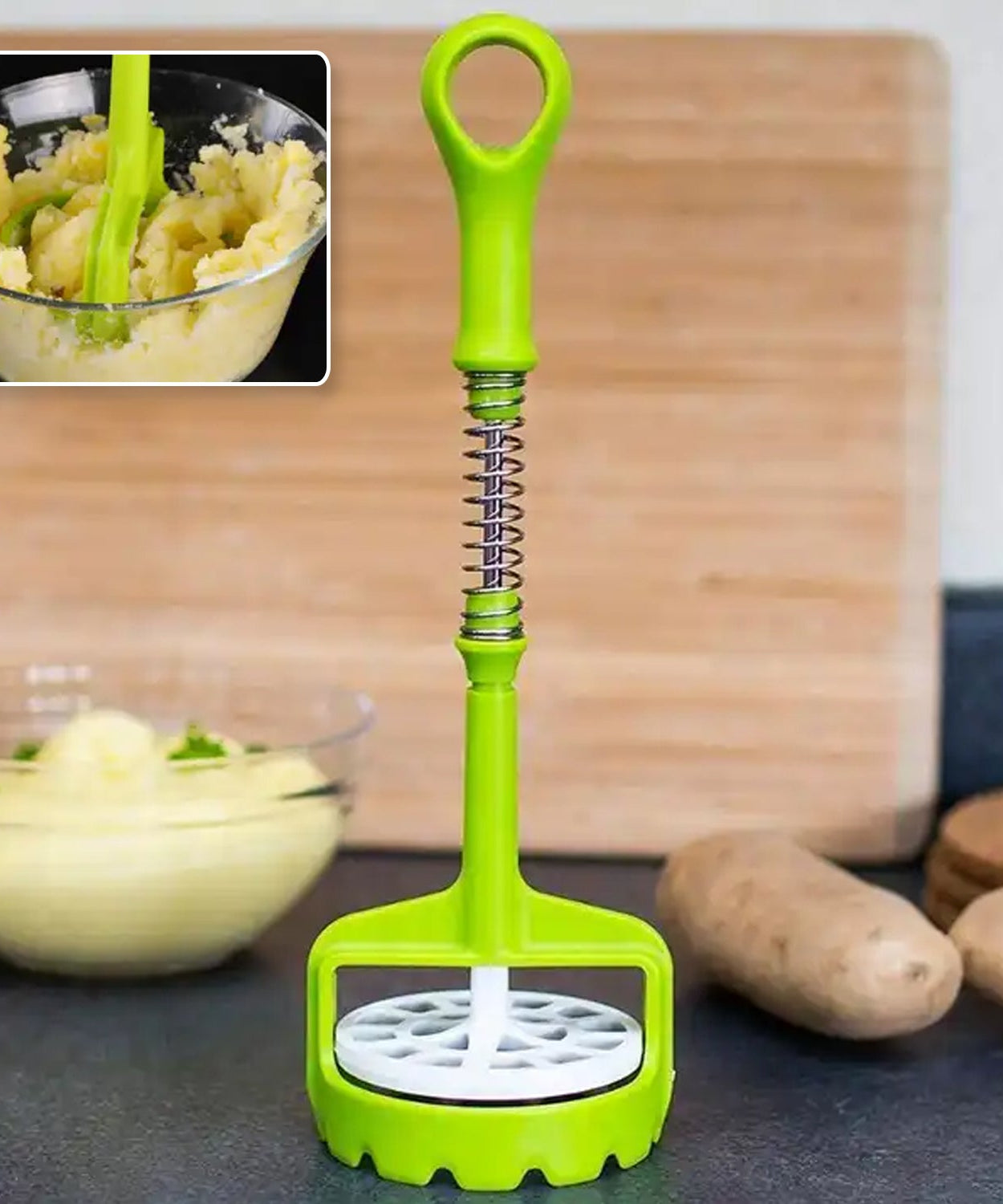 Multi Functional One-Handed Plastic Manual Mashed Potatoes Masher, Mash Sweet Potato Masher with Comfort Grip and Stainless-Steel Spring Design for Nonstick Pans (1 Pc)