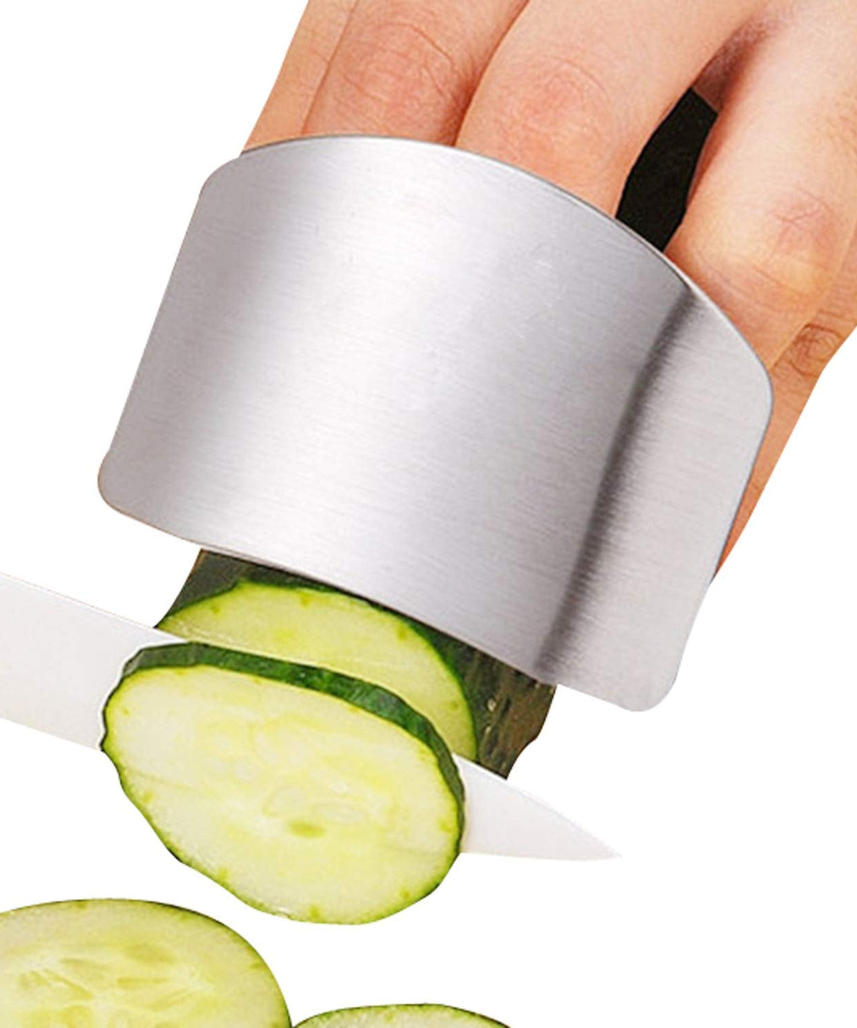 Comfortable stainless steel protector for safe kitchen cutting.
