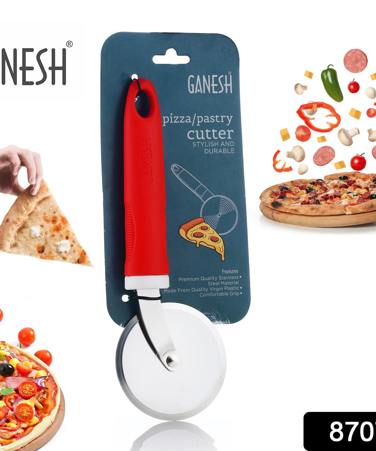 Stainless steel pizza cutter wheel by Ganesh, angled view.