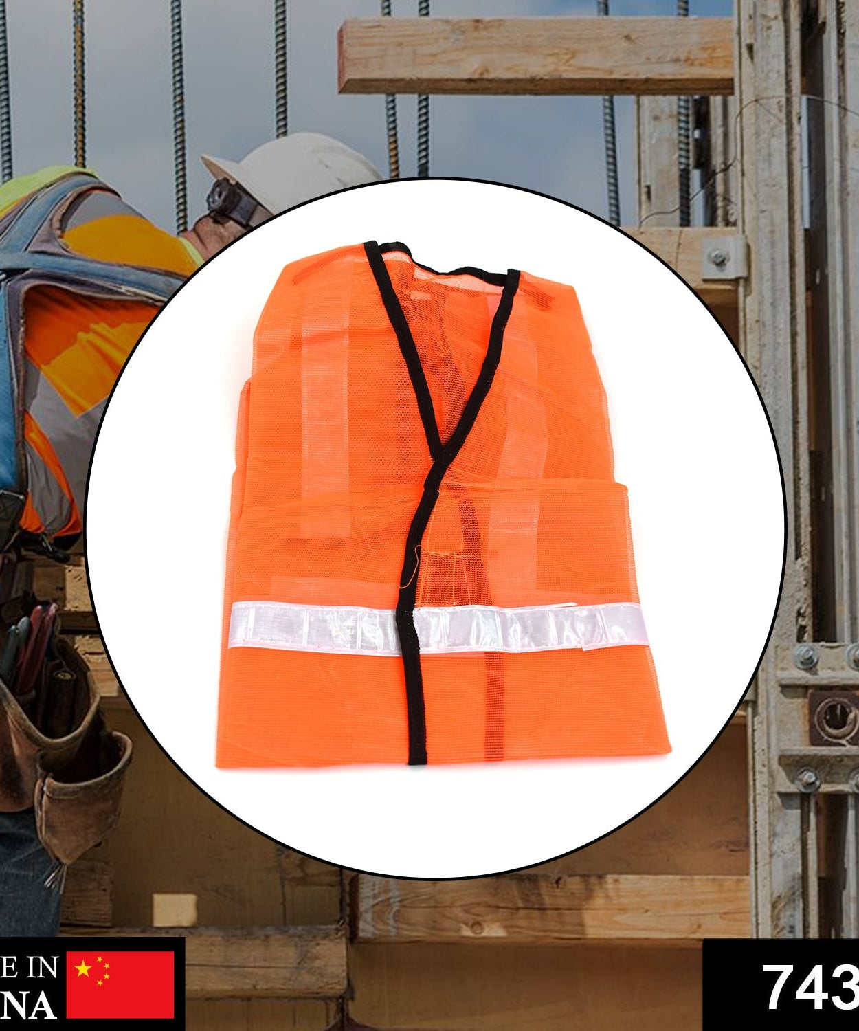 Orange safety jacket with reflective strips for accident prevention