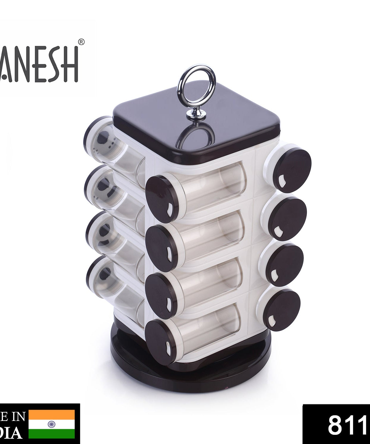 16-piece revolving spice rack by Ganesh, 100 ml dispensers, plastic, ABS material.