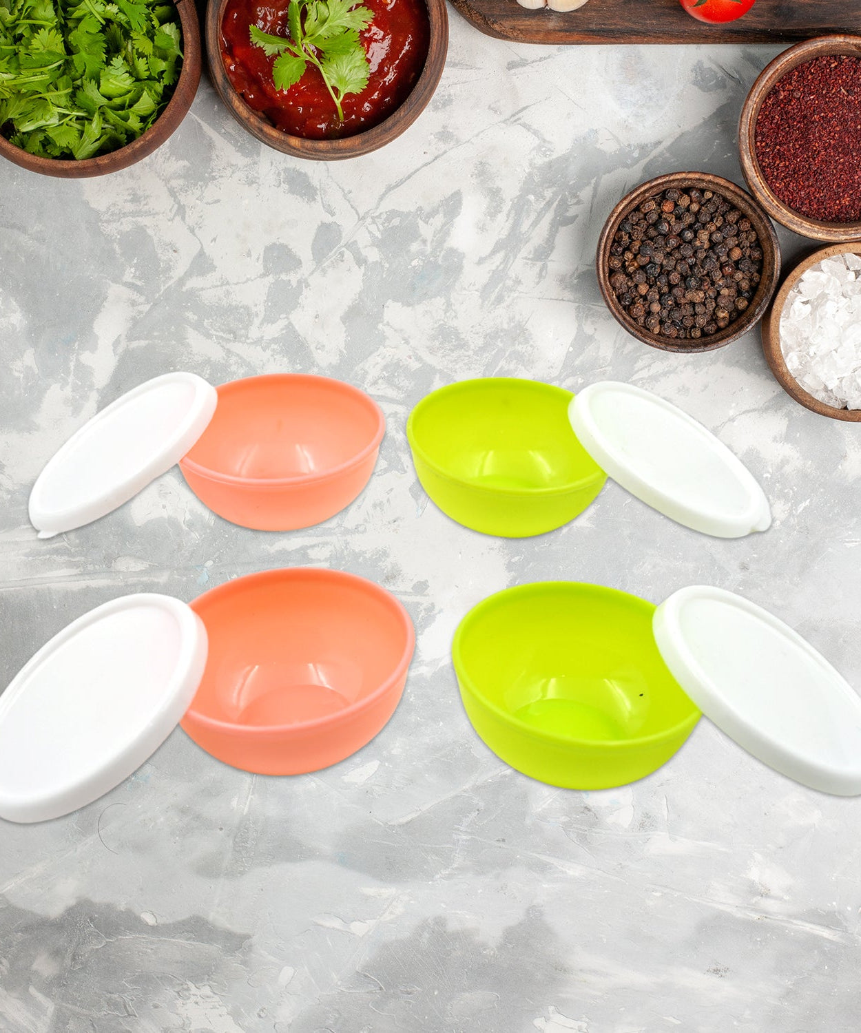 Multipurpose Small Round Plastic Bowl / Katori With Lid, Microwave Safe Reusable Lightweight Bowl, Dishwasher Safe Chutney Bowl (4 Pcs Set)