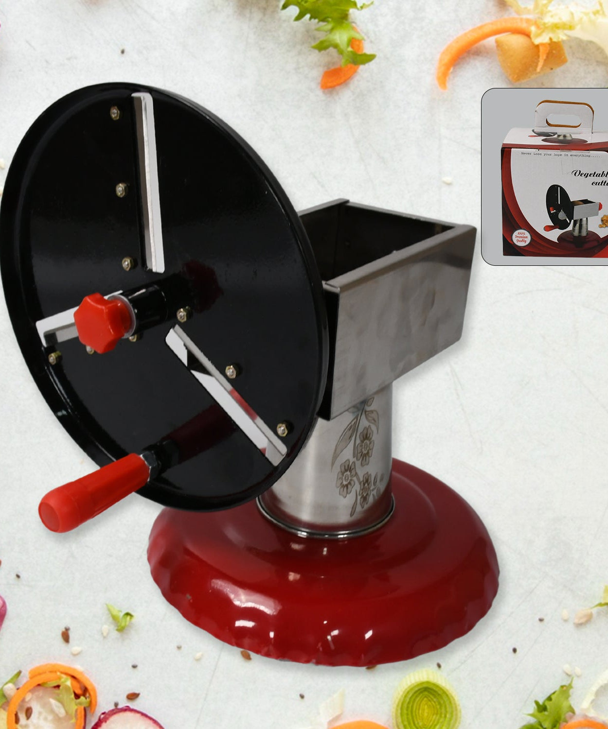 Stainless Steel Chips Maker and Vegetable Slicer for Kitchen Potato Slicer Graters and Chippers. Chips Maker is Suitable for Vegetable Cuttings. Chips Maker Consist Hard Coated Iron Wheel and Stand.