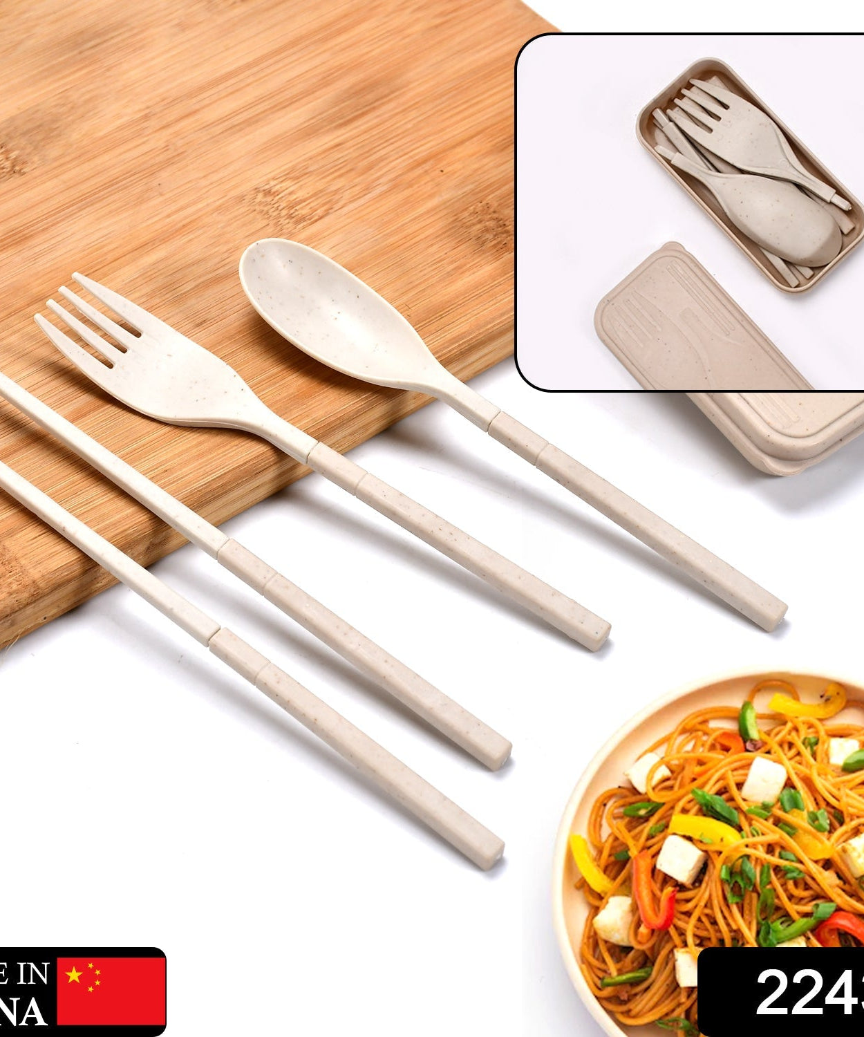Close-up of portable cutlery set.
