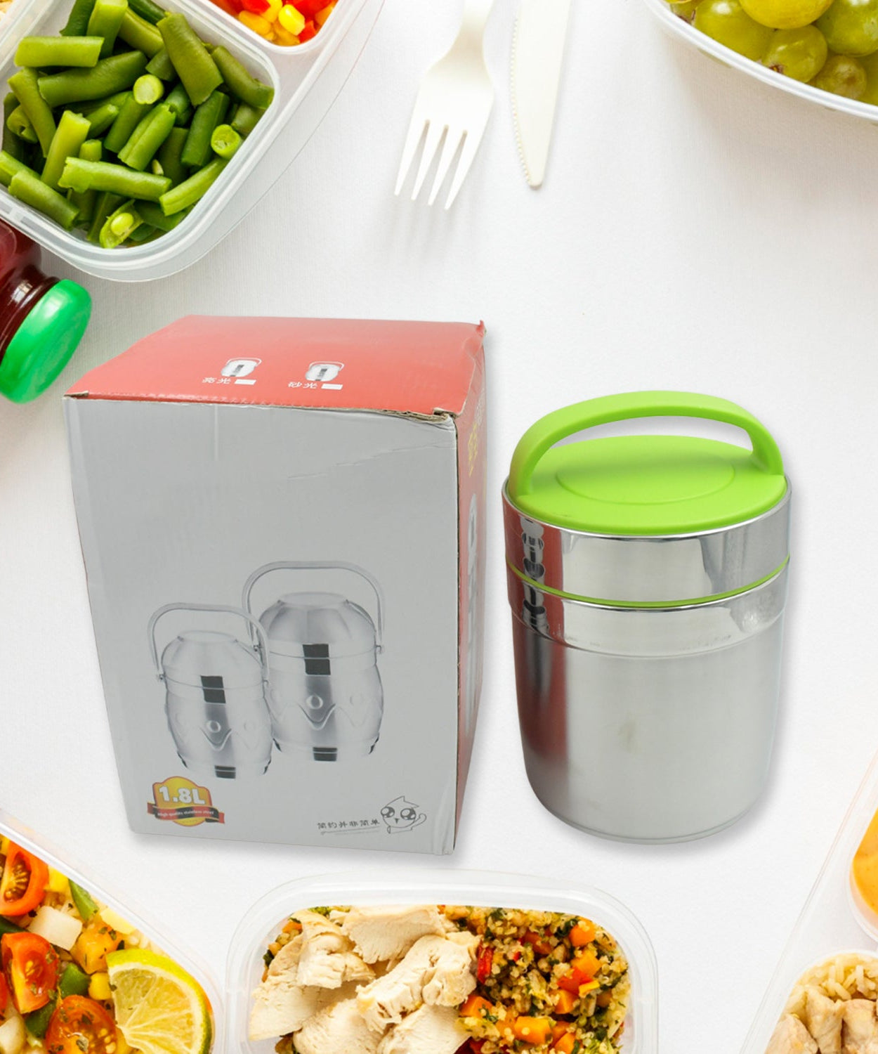 Leak-proof thermos flask for hot food in stainless steel