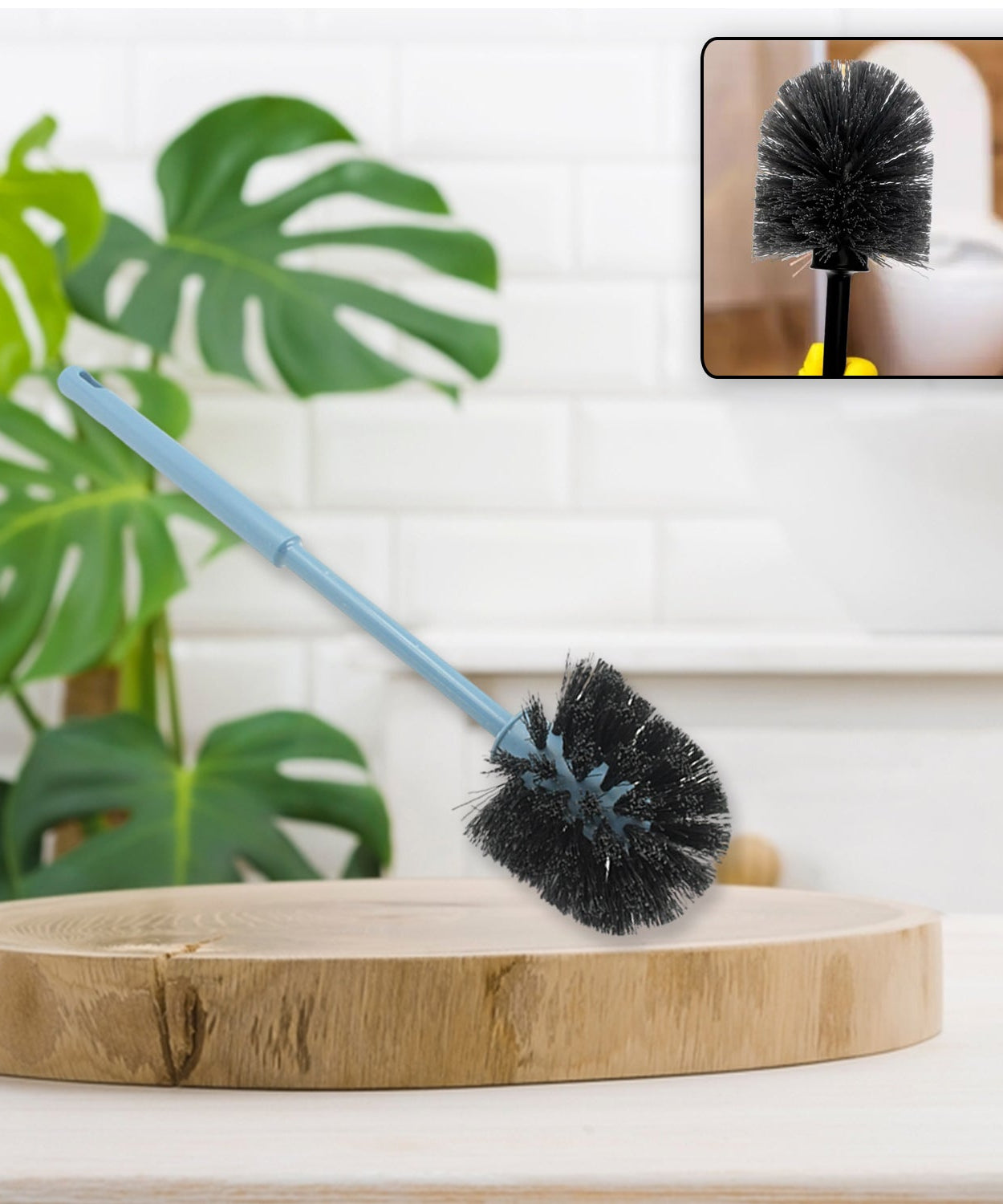 Round toilet brush with handle for effective bathroom cleaning
