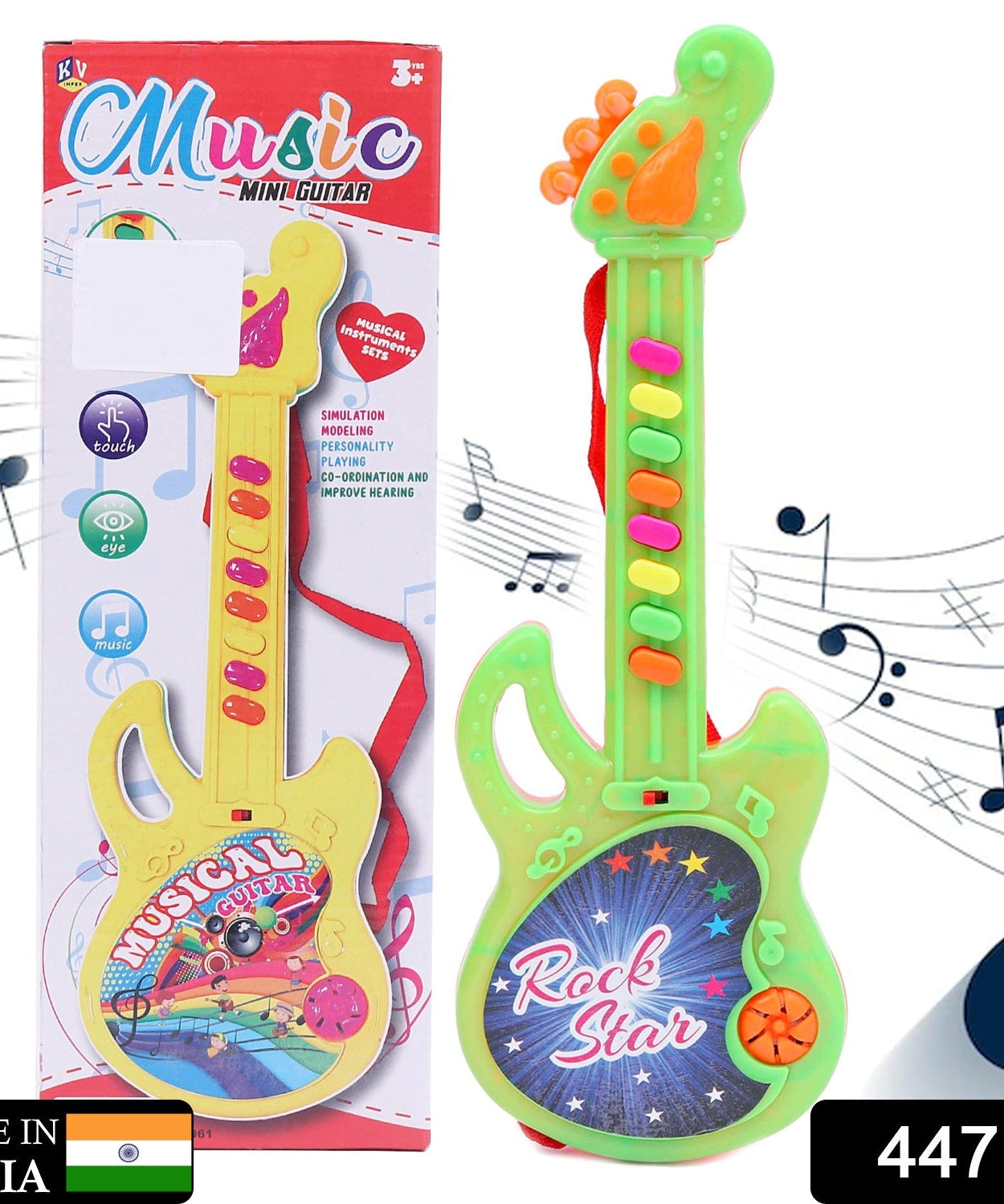 Mini guitar with bright colors, features delightful music