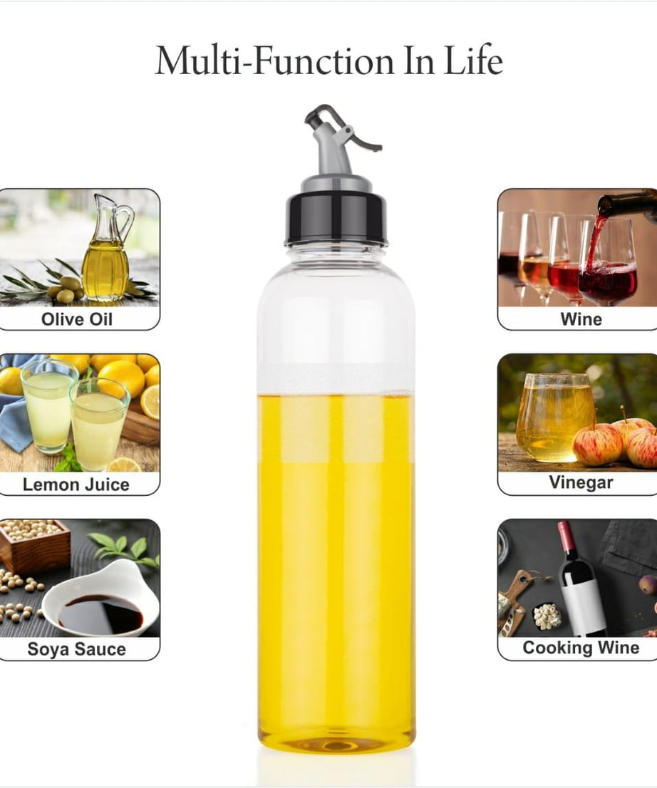 Clear plastic oil bottle, 1 liter, for convenient oil dispensing.