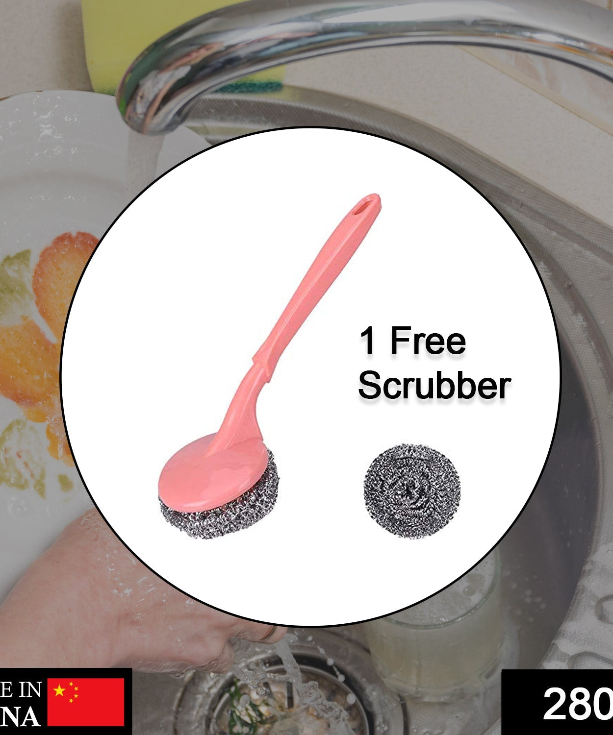 Handle scrubber for kitchen and utensil cleaning, removes tough stains.