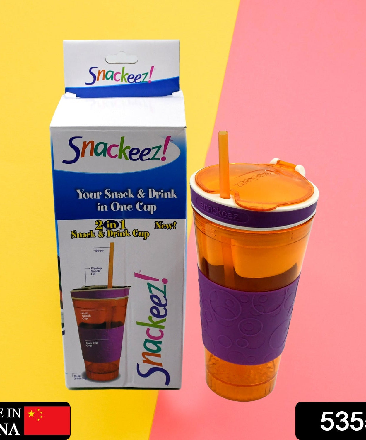 Travel cup with built-in snack container, designed for snacks and beverages on the go.