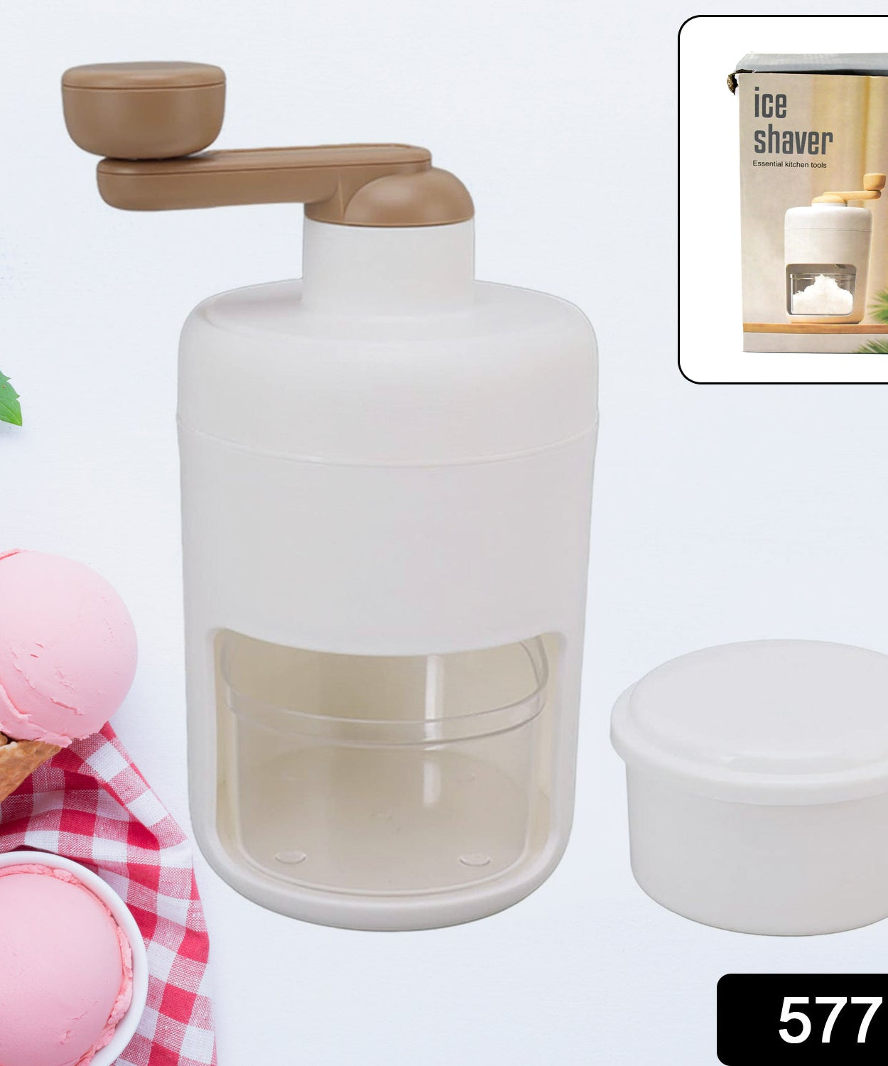 Manual ice shaver, portable for making fruit smoothies.