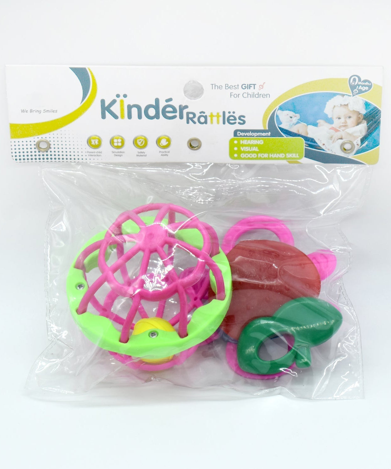 Colorful baby rattle set with various textures for sensory stimulation and fun.