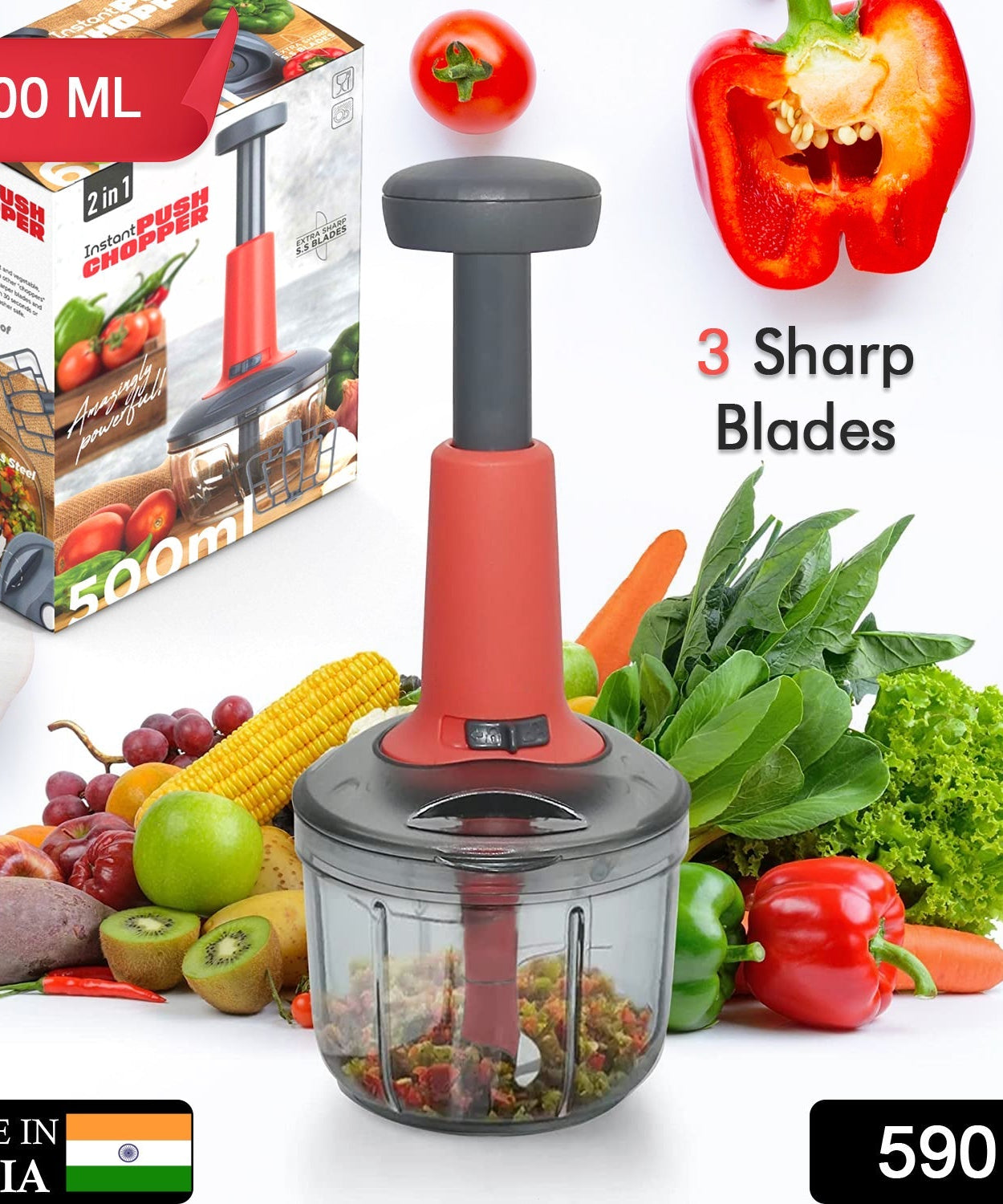 Mini hand press chopper, matte finish, with 3 blades