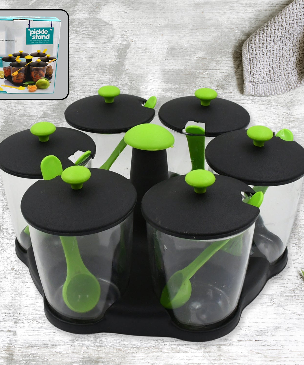 Multipurpose 6 Piece Miracle Revolving Plastic Spice Container Rack With 6 Spoon, Condiment Set, Masala Rack Set, Revolving Spice Rack Aachar Container Chutney Mukhwas Tray Masala Dining Spice Stand