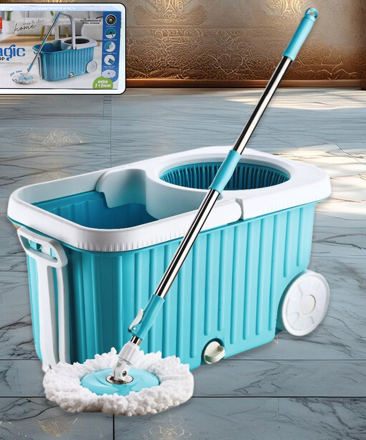 Apex Magic 360° Spin Mop Cleaning System with Stainless Steel Spinner