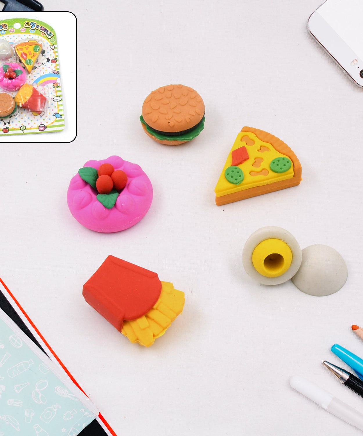 3D Food-Shaped Colorful Eraser Set – Cute Novelty Mini Erasers for Kids (5 Pc Set)