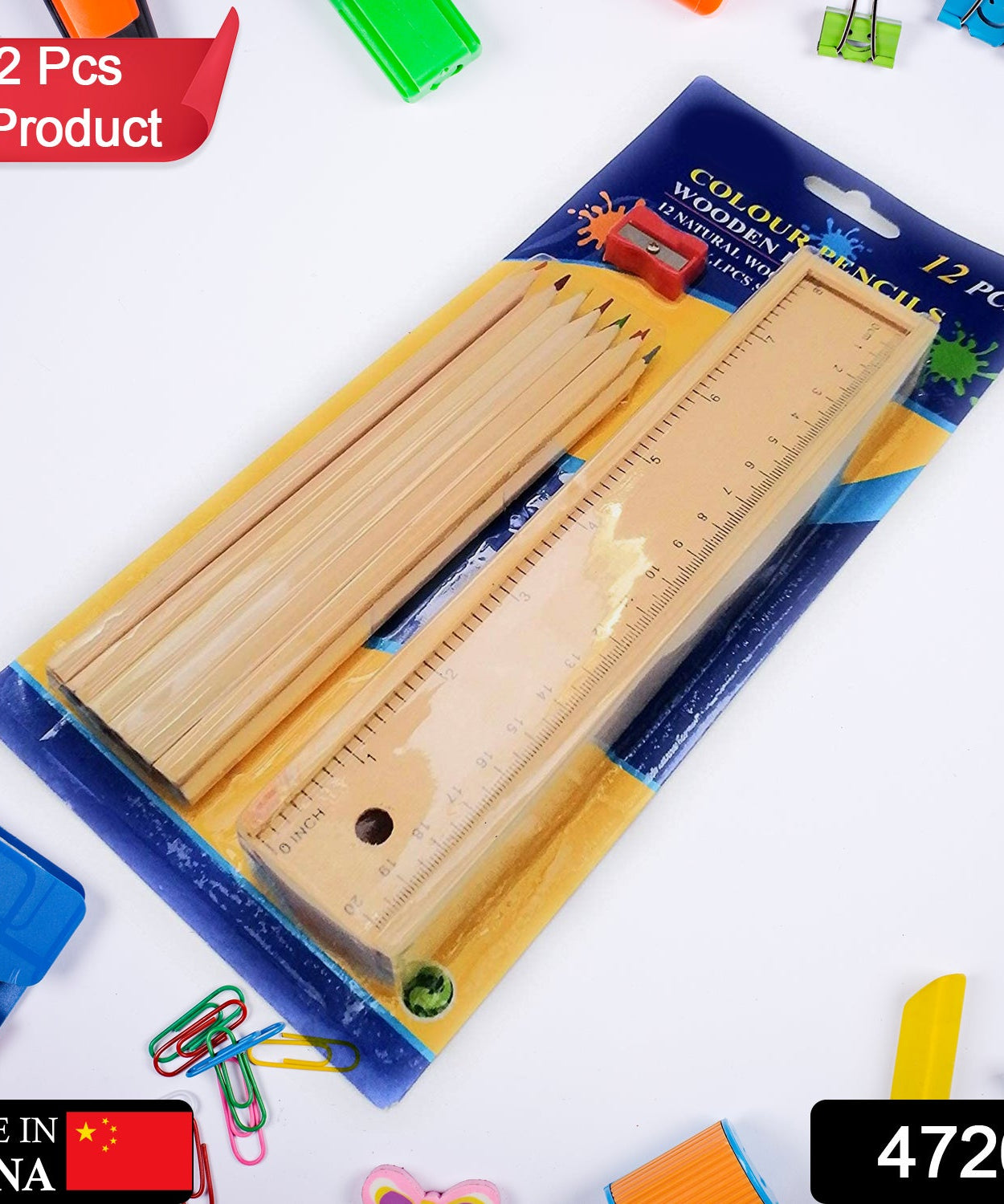 Colorful Wooden Pencil Set with Pencil box, Ruler, Sharpener For for Kids, Artist, Architect (12 Pcs Set)