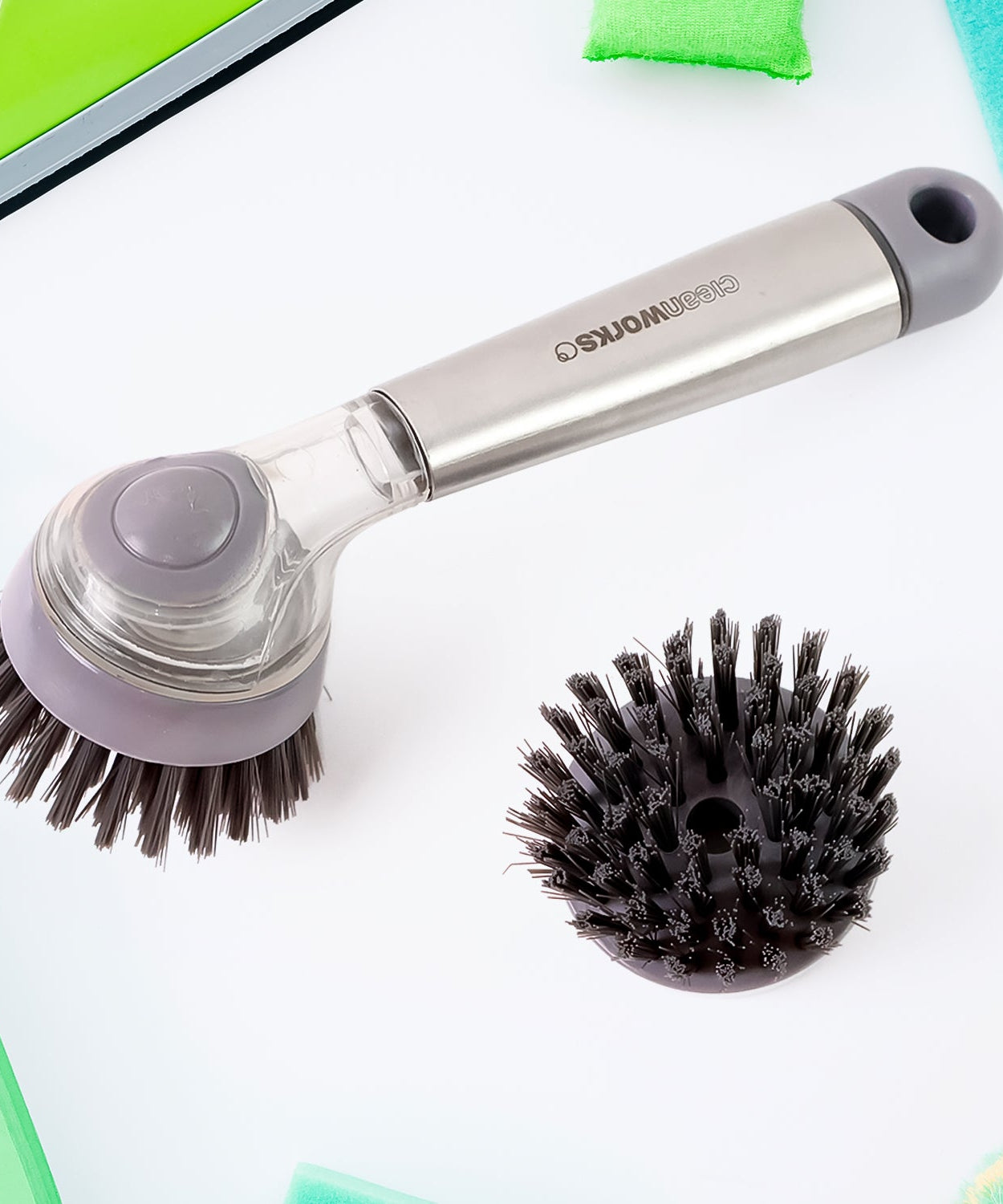 Cleaning Brushes Set, Scrub Brush Bathroom Brush, Long Handle Liquid Dispenser Pot Washing Brush