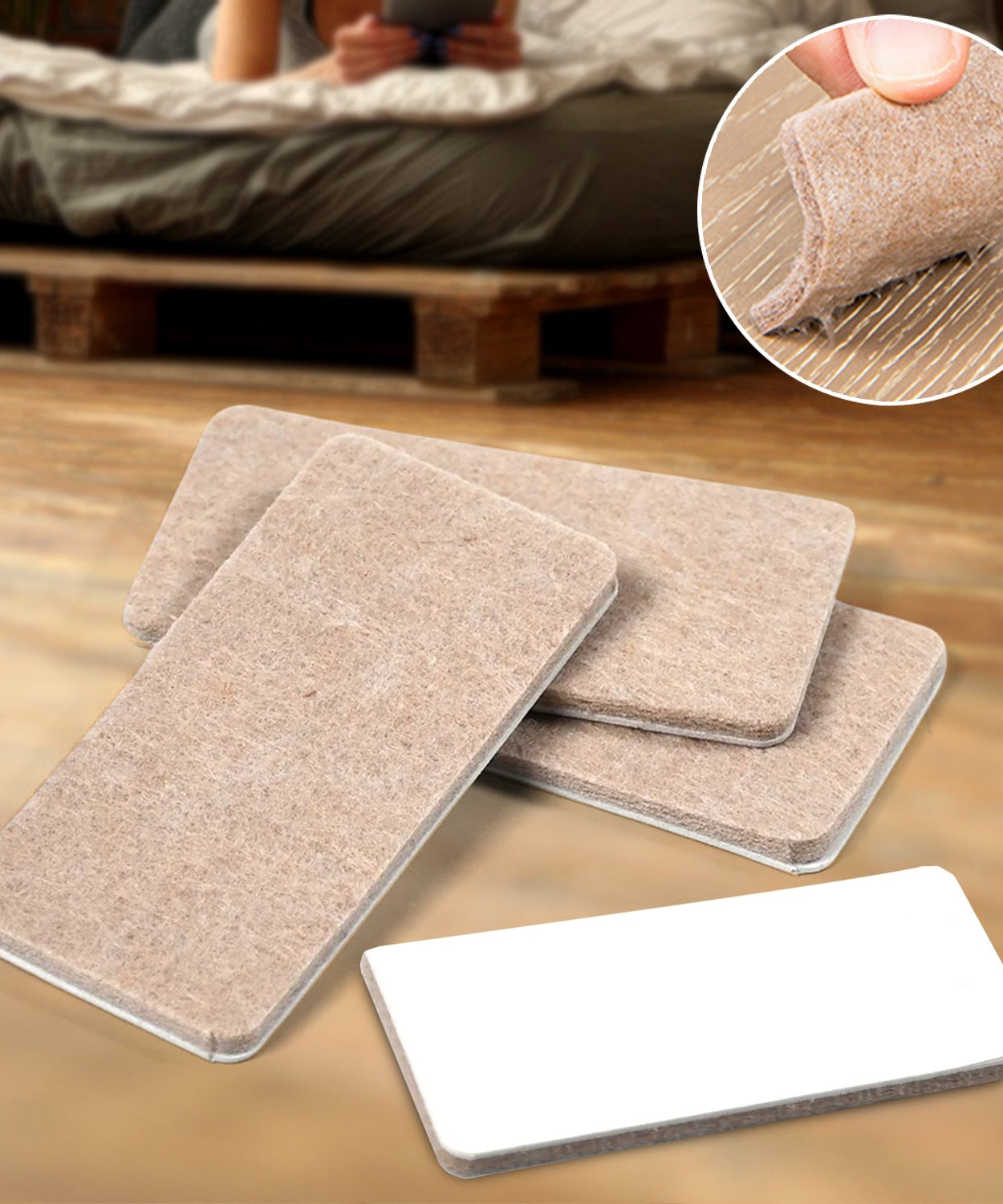 Square felt pads for protecting floors from furniture.