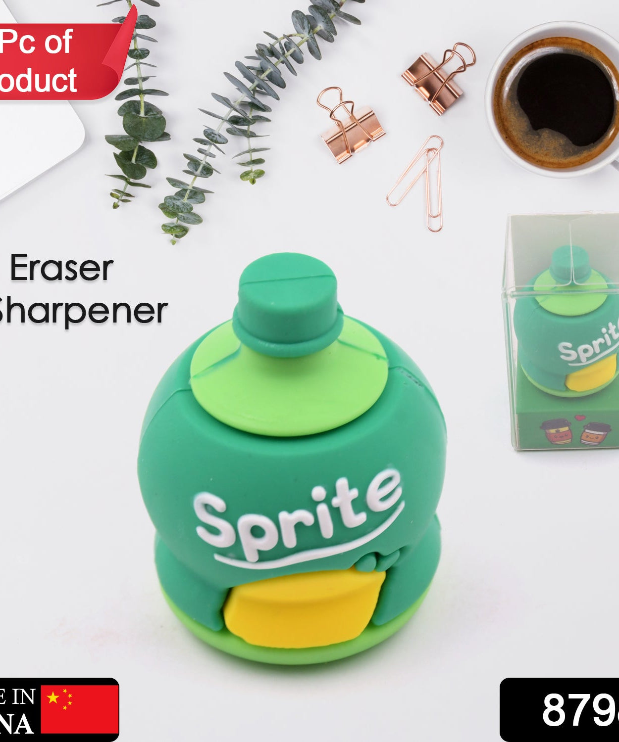 2-in-1 3D Cold Drink Bottle Shape Rubber Pencil Sharpener and Eraser Set, Stationery for Kids School Boys Girls, Birthday Return Gifts (1 Pc )