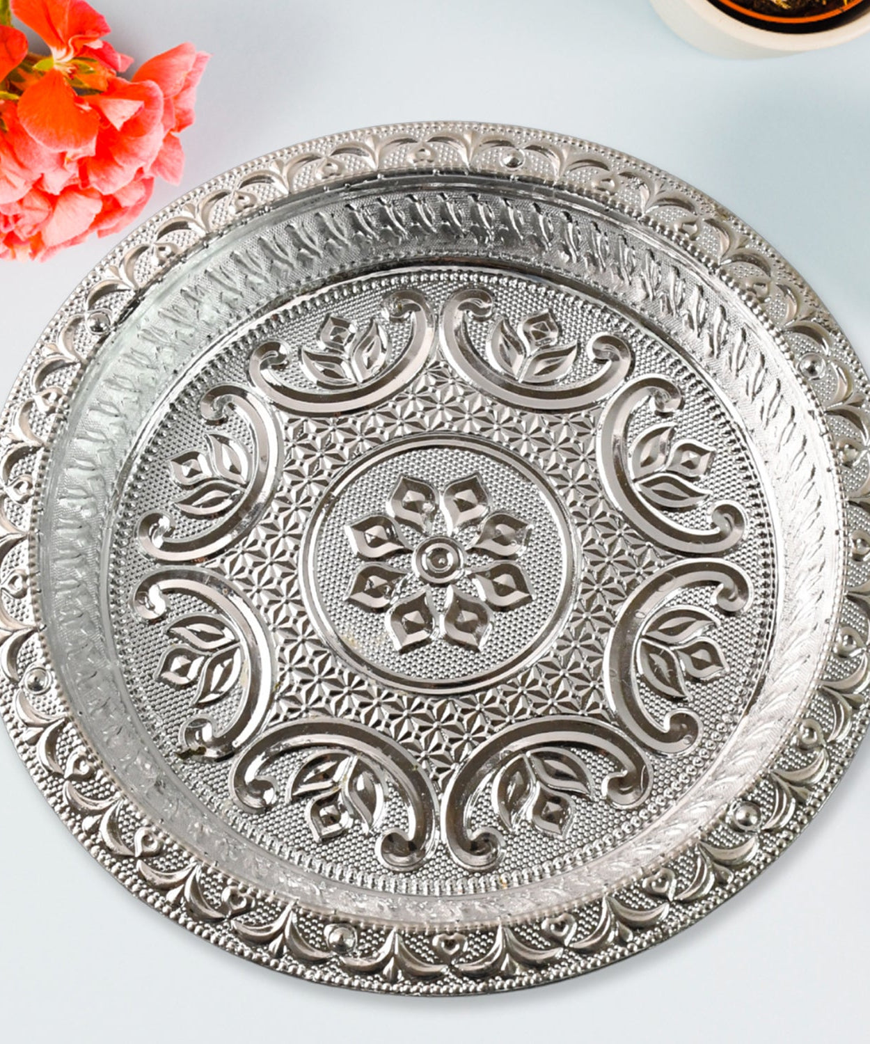 Traditional Silver Finish Plastic Pooja Thali (1 Pc)