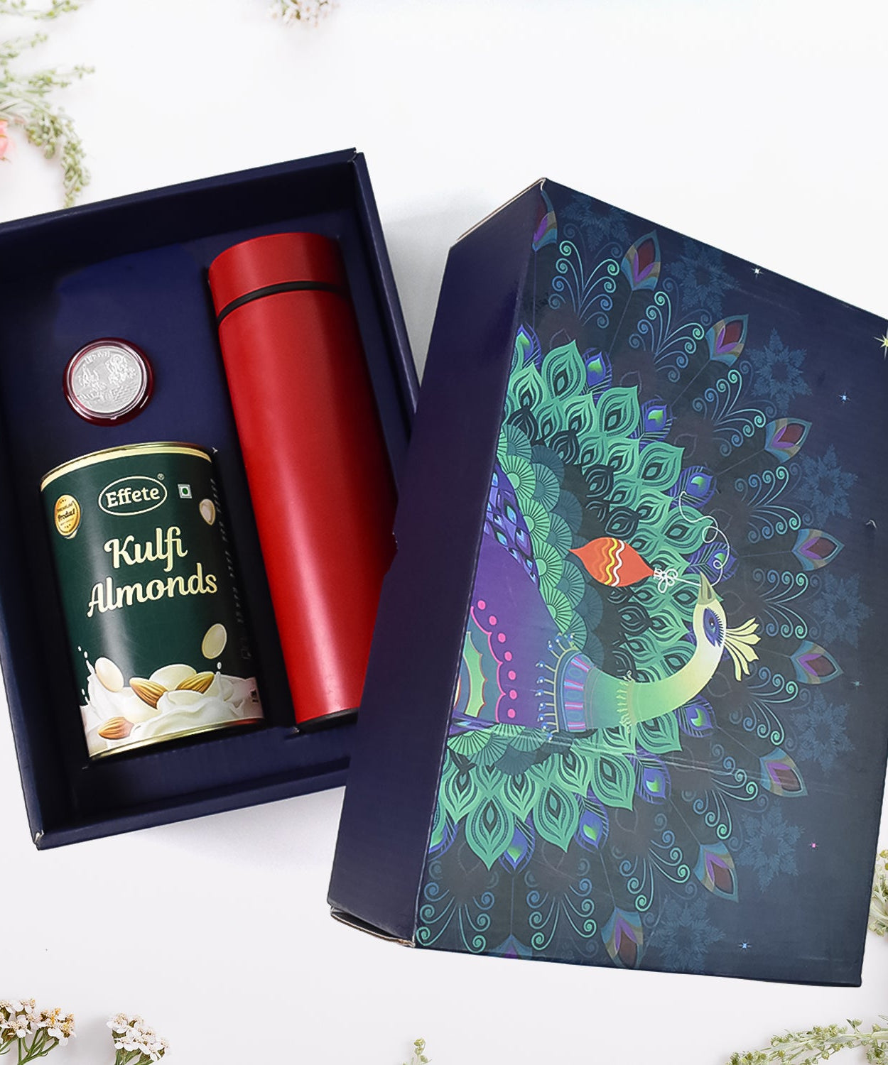 Personalized Temperature Water Bottle, Silver color Coin & Chocolate (With Attractive Peacock Box / 3 Pc Set)