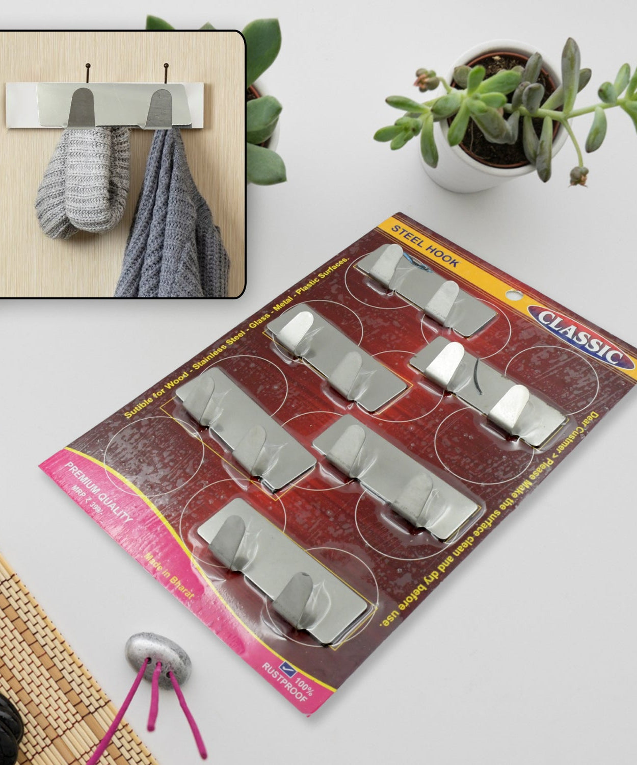 Stainless steel self-adhesive wall hook for home use